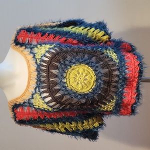 Grifflin Paris crochet top, medium, blue green, red, tan, black